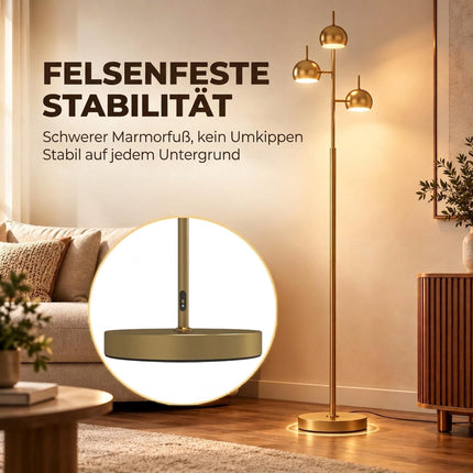 Floor Lamp with 3 Heads and 350° Adjustable Shades, Gold, Steel, Foot Switch