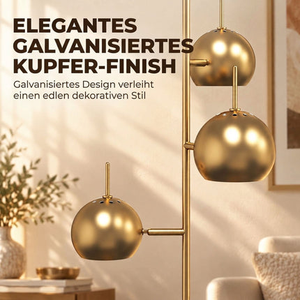 Floor Lamp with 3 Heads and 350° Adjustable Shades, Gold, Steel, Foot Switch