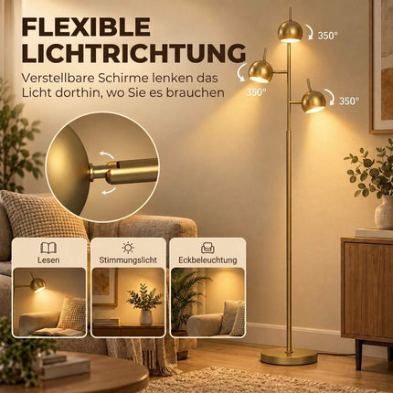 Floor Lamp with 3 Heads and 350° Adjustable Shades, Gold, Steel, Foot Switch