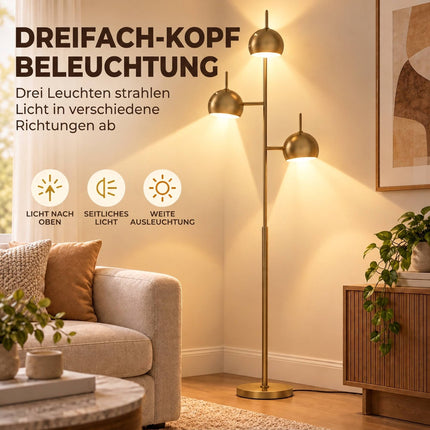 Floor Lamp with 3 Heads and 350° Adjustable Shades, Gold, Steel, Foot Switch