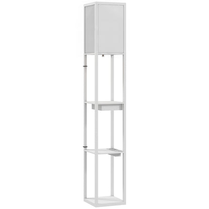 Floor Lamp with 3-Tier Shelf, USB Ports, White MDF