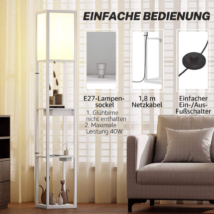 Floor Lamp with 3-Tier Shelf, USB Ports, White MDF