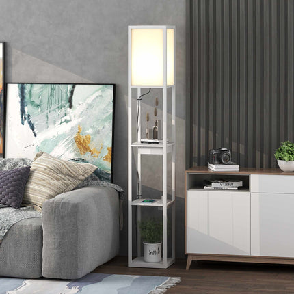 Floor Lamp with 3-Tier Shelf, USB Ports, White MDF
