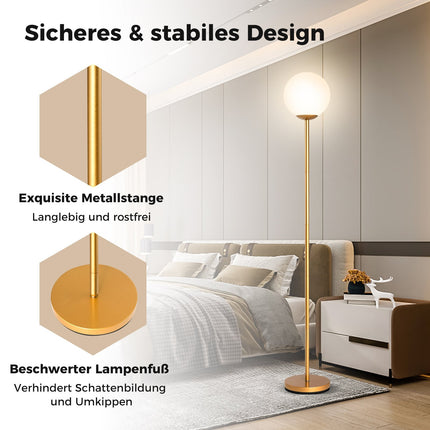 Stojací lampa se skleněným stínidlem a nožním vypínačem, výška 165 cm