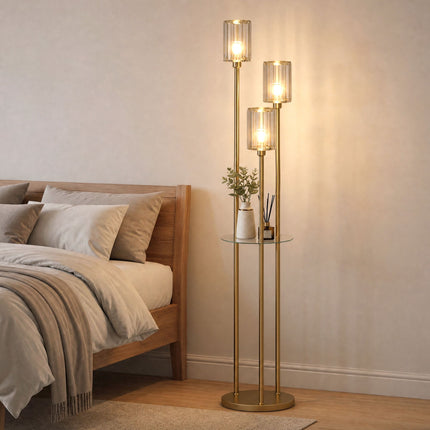 Floor Lamp with Glass Shelf, 3 Glass Shades and Foot Switch, Gold, 177 cm