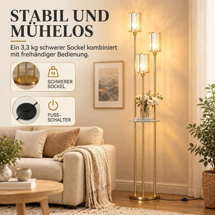 Floor Lamp with Glass Shelf, 3 Glass Shades and Foot Switch, Gold, 177 cm