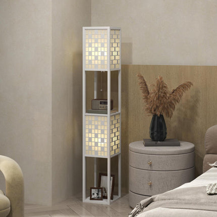 Stojací lampa s mřížkovým stínidlem a dvěma policemi, bílá