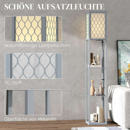 Stehlampe mit Regal, 3 Ebenen, kompaktes MDF, Hellgrau