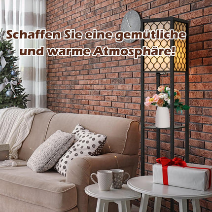 Stehleuchte mit Regalen, schwarzes Holz, cremefarbener Schirm, 160cm
