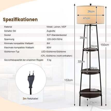 Floor Lamp with Shelves, Linen Shade, E27 Socket
