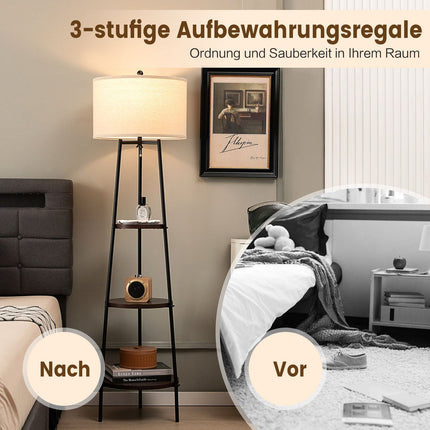Floor Lamp with Shelves, Linen Shade, E27 Socket