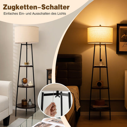 Floor Lamp with Shelves, Linen Shade, E27 Socket