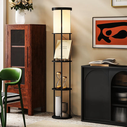 Floor Lamp with Shelves, Remote Control, Adjustable Light, Black