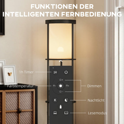 Floor Lamp with Shelves, Remote Control, Adjustable Light, Black
