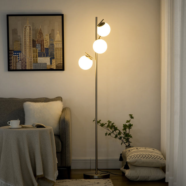 Floor lamp 40W E27, Silver & White, 169 cm, 3 glass shades