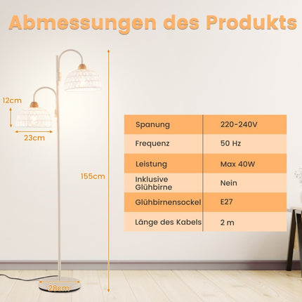 Stehleuchte mit 2 Lichtern &amp; Fußschalter 350° drehbare Baumlampe geflochtene Lampenschirme