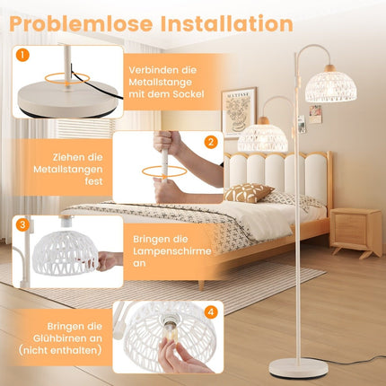 Stehleuchte mit 2 Lichtern &amp; Fußschalter 350° drehbare Baumlampe geflochtene Lampenschirme