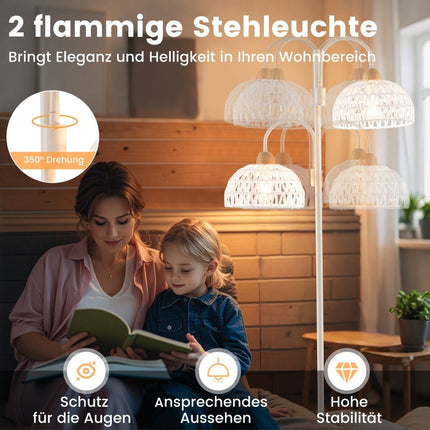 Stehleuchte mit 2 Lichtern &amp; Fußschalter 350° drehbare Baumlampe geflochtene Lampenschirme