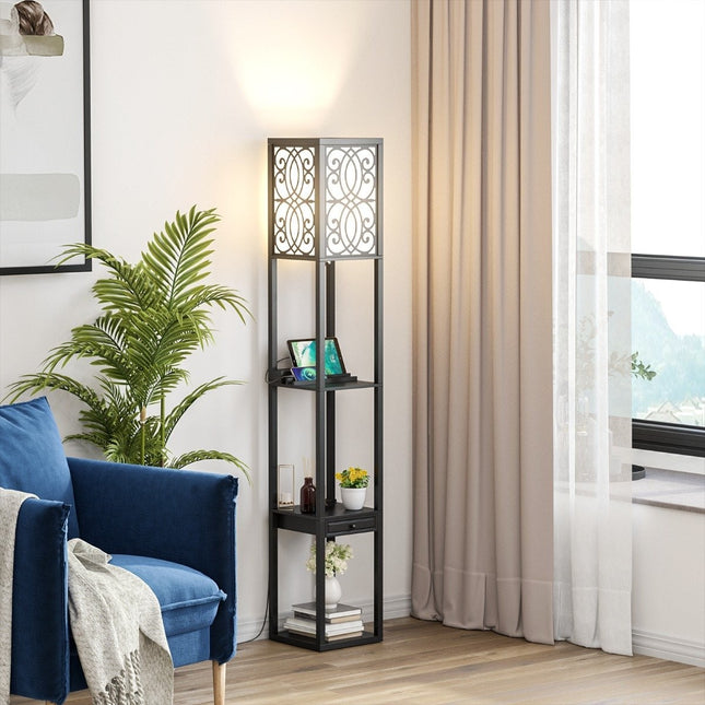 Stojací lampa s policemi a zásuvkou do obývacího pokoje a ložnice 26 x 26 x 160.5 cm, černá