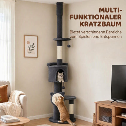 Floor-to-Ceiling Cat Tree 225-255 cm with Cave and Hammock, Dark Grey