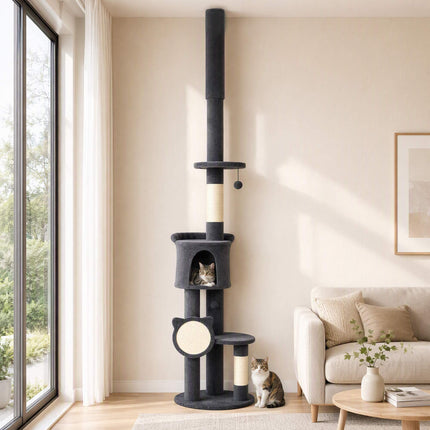 Floor-to-Ceiling Cat Tree 225-255 cm with Cave and Hammock, Dark Grey