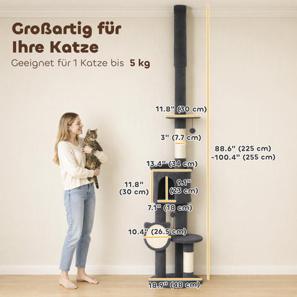 Floor-to-Ceiling Cat Tree 225-255 cm with Cave and Hammock, Dark Grey