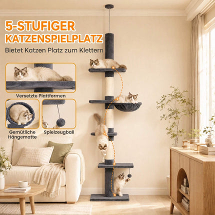 Floor-to-Ceiling Cat Tree 225-255 cm with Hammock, 5 Levels, Dark Grey