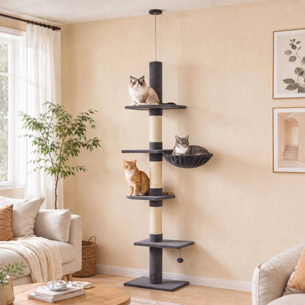 Floor-to-Ceiling Cat Tree 225-255 cm with Hammock, 5 Levels, Dark Grey
