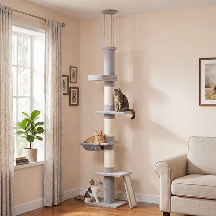 Floor-to-Ceiling Cat Tree 230-260 cm with 5 Levels, 3 Sisal Posts, Light Grey