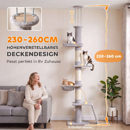 Floor-to-Ceiling Cat Tree 230-260 cm with 5 Levels, 3 Sisal Posts, Light Grey