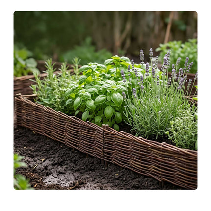 Blumenbeeteinfassung – Weidengeflecht, mit Erdspießen
