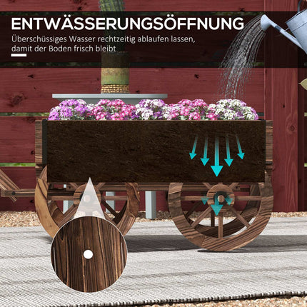 Jardinière en bois avec roulettes, chariot à plantes avec poignée, capacité de charge jusqu'à 30 kg, pour jardin et terrasse, carbonisé
