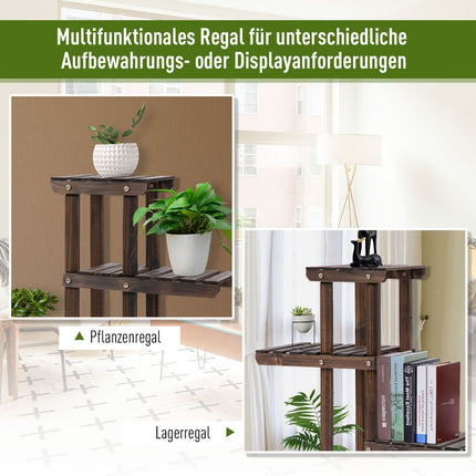 Pflanzenregal aus Massivholz in vier Ebenen, verkohlte Oberfläche