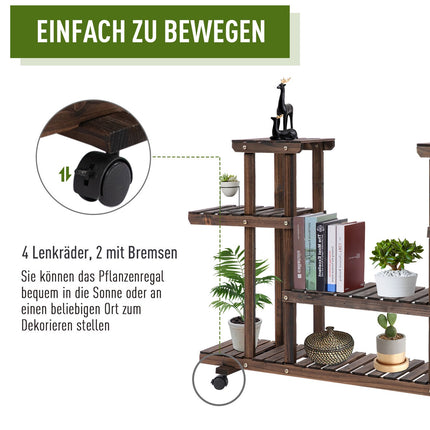 Pflanzenregal aus Massivholz in vier Ebenen, verkohlte Oberfläche