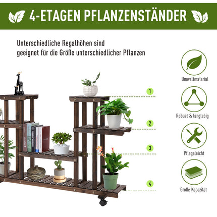 Pflanzenregal aus Massivholz in vier Ebenen, verkohlte Oberfläche