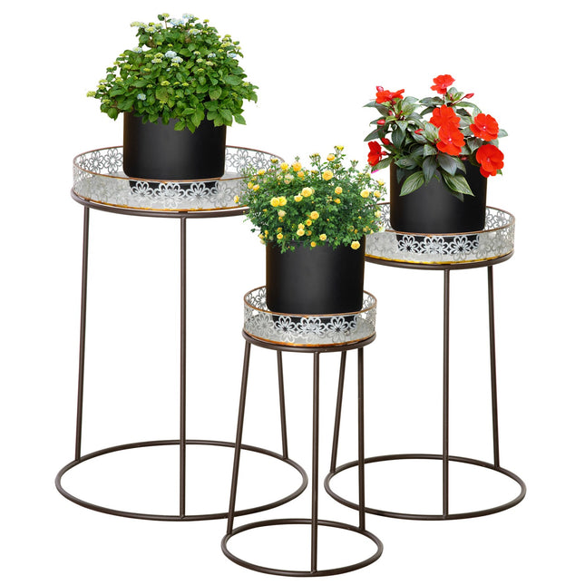 Stapelbare Blumenständer aus Metall, Kaffee/Silber, 3-teilig