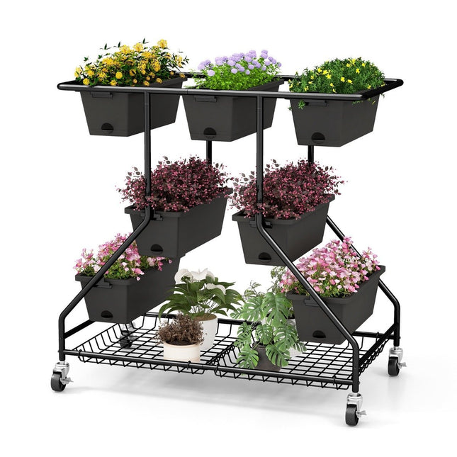 Blumenständer mit Blumenkästen Blumentreppe mit Rollen 100 x 56 x 99 cm schwarz