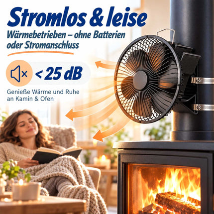 Flue Pipe Stove Fan with Guard and 6 Blades, Clamp Mounting, Black