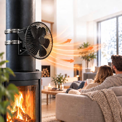 Flue Pipe Stove Fan with Guard and 6 Blades, Clamp Mounting, Black