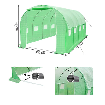 Foil Garden Tunnel Greenhouse 4x3x2 m with 8 Windows, 12 m2, Green