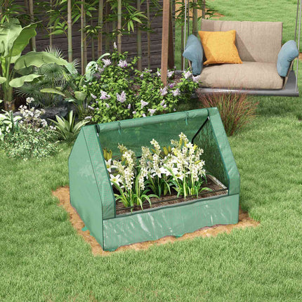 Raised greenhouse with rolling windows for garden, green