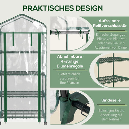 Foliekas met rol, broeikas met 4 planken, foliekas met stalen frame, voor tuin, balkon 69 x 50 x 165 cm, groen