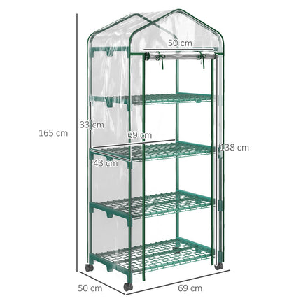 Foliekas met rol, broeikas met 4 planken, foliekas met stalen frame, voor tuin, balkon 69 x 50 x 165 cm, groen
