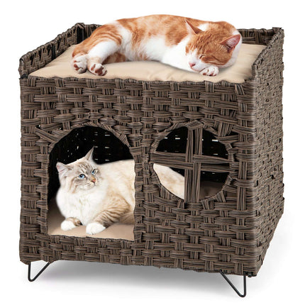 Foldable 2-Tier Rattan Cat House with Cushions