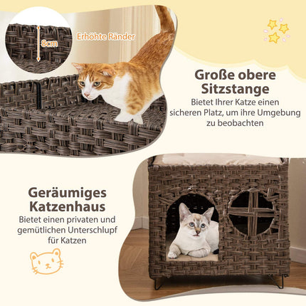 Foldable 2-Tier Rattan Cat House with Cushions