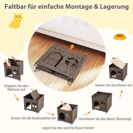 Foldable 2-Tier Rattan Cat House with Cushions