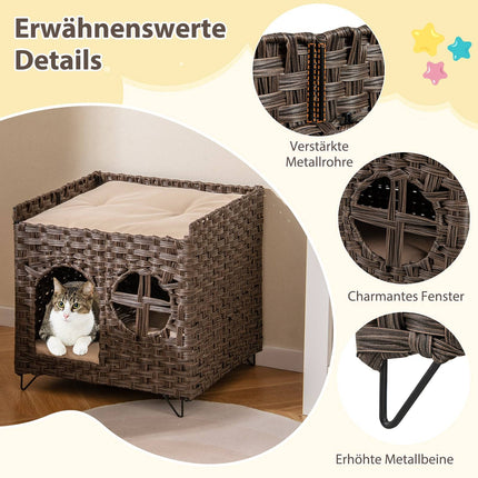 Foldable 2-Tier Rattan Cat House with Cushions