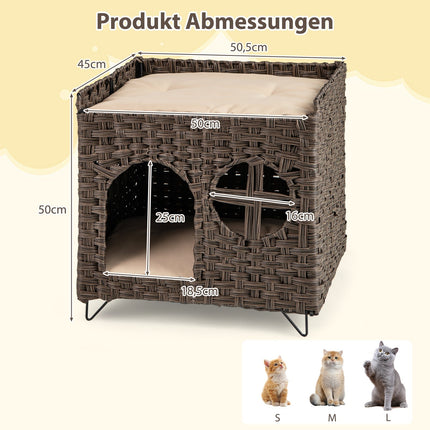 Foldable 2-Tier Rattan Cat House with Cushions