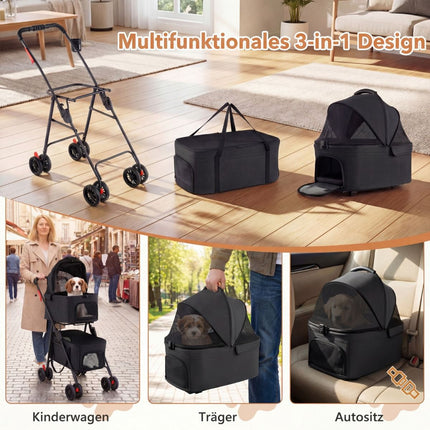 Faltbarer 3-in-1-Haustierwagen mit zwei Transportboxen, Schwarz