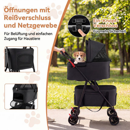 Faltbarer 3-in-1-Haustierwagen mit zwei Transportboxen, Schwarz